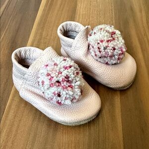 Handmade Pink Baby Booties with Pom Poms